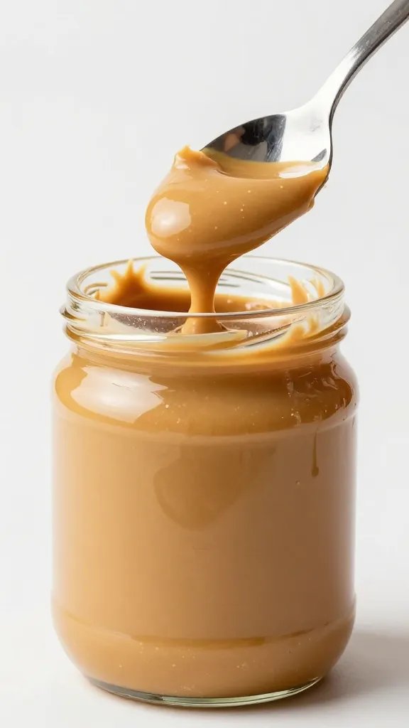 spoonful of natural creamy peanut butter, glossy, studio lighting