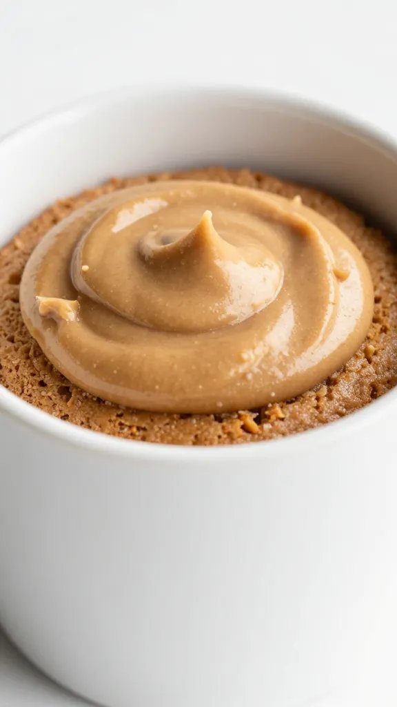 closeup keto peanut butter mug cake in white ceramic mug