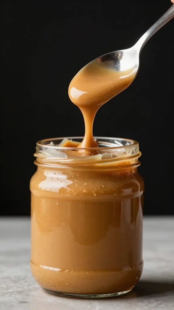 spoonful of natural peanut butter dripping, studio lighting