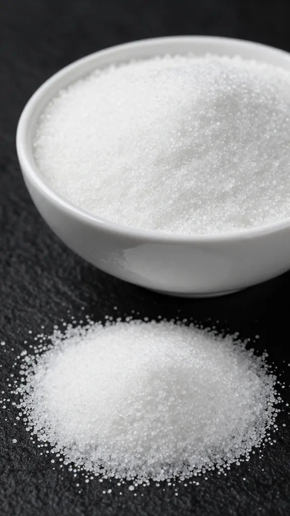 bowl of granulated erythritol, macro shot on black background