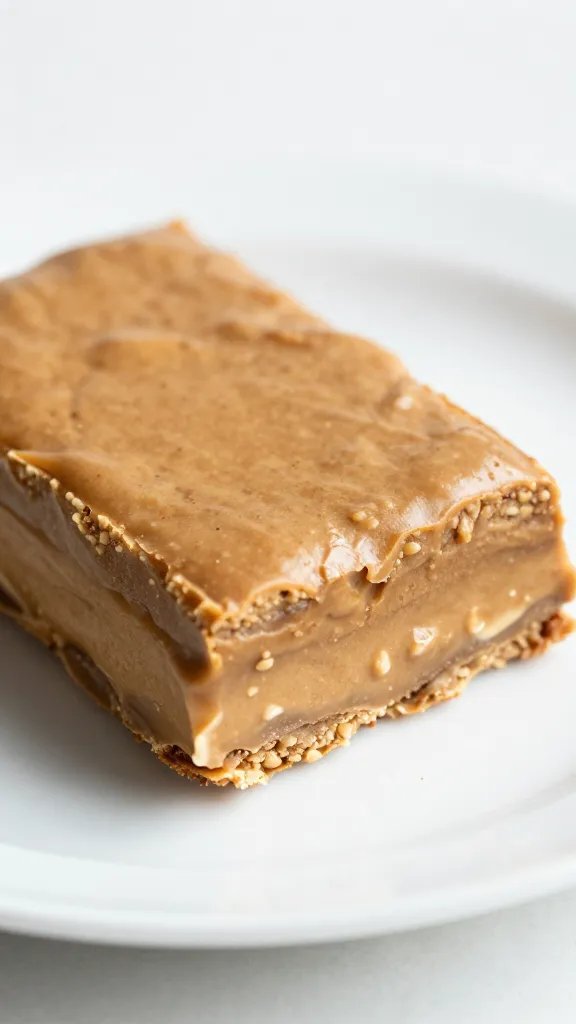 closeup keto peanut butter layered bar on white plate