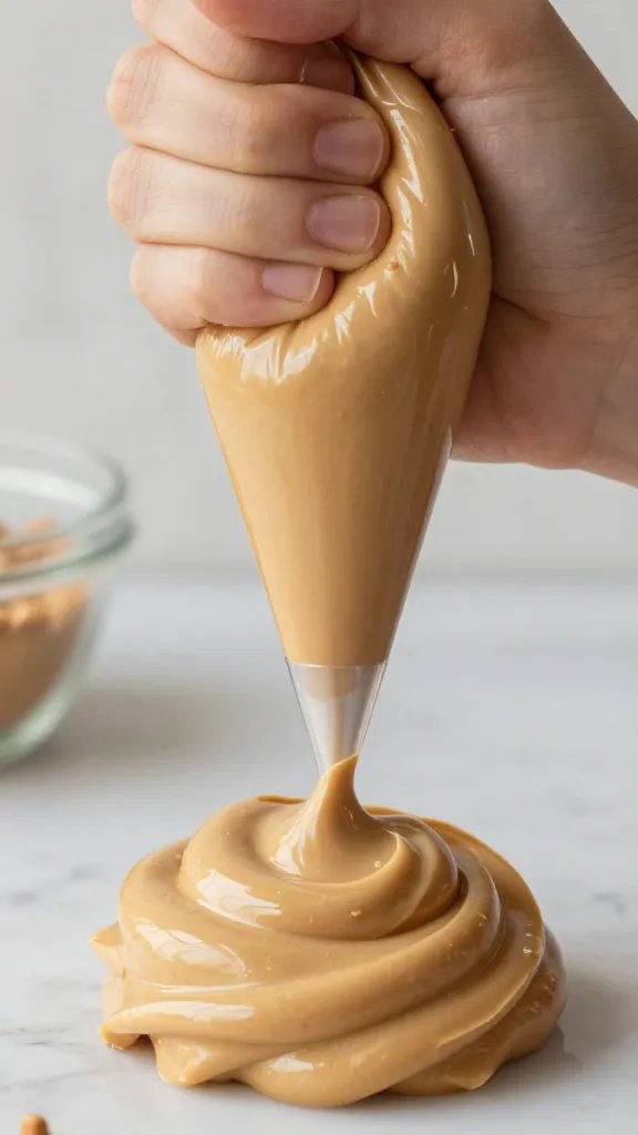 piping bag filling keto peanut butter mousse swirl, closeup