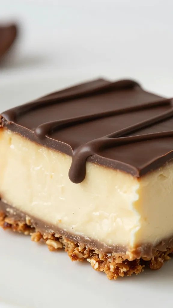 closeup keto peanut butter cheesecake bite with chocolate drizzle
