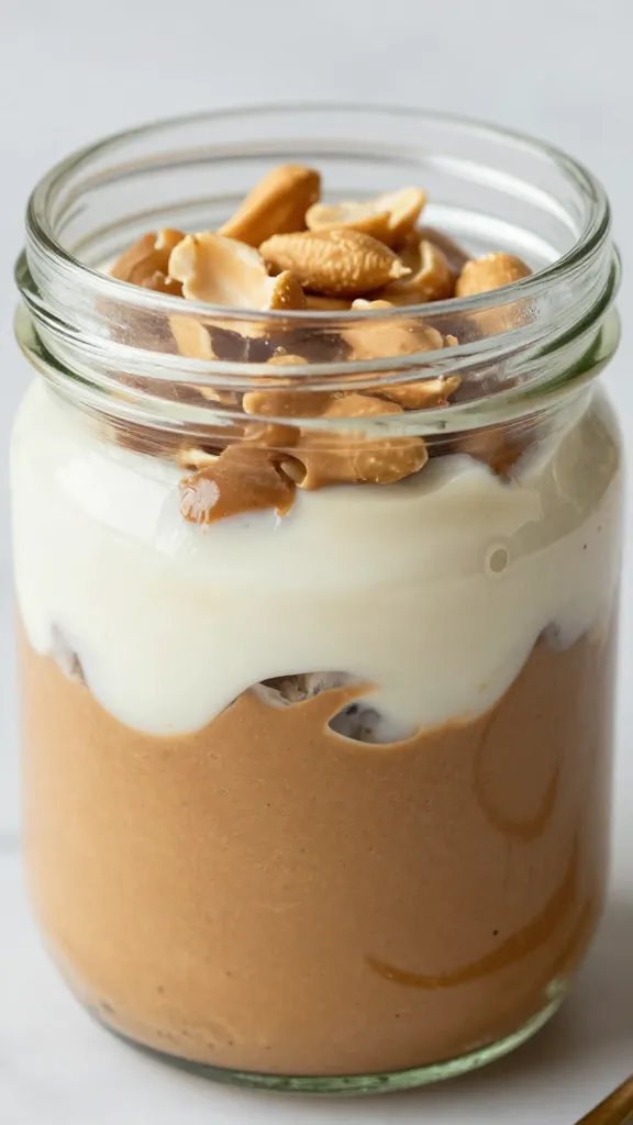 closeup keto peanut butter parfait in clear glass jar