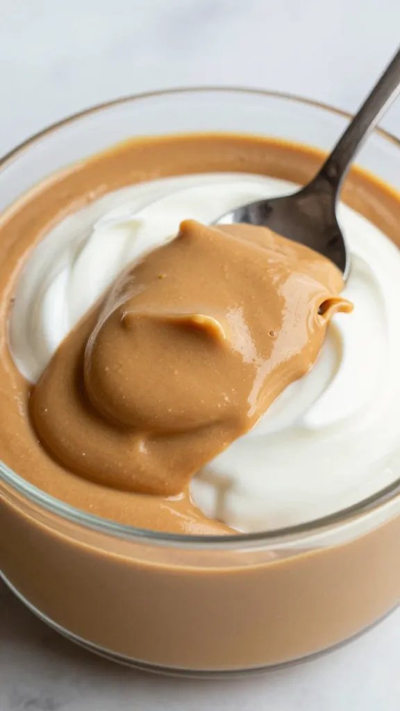 spoonful of silky peanut butter mousse over greek yogurt