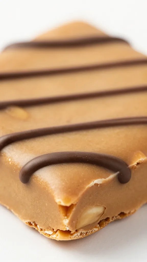 closeup keto peanut butter almond bar with chocolate drizzle
