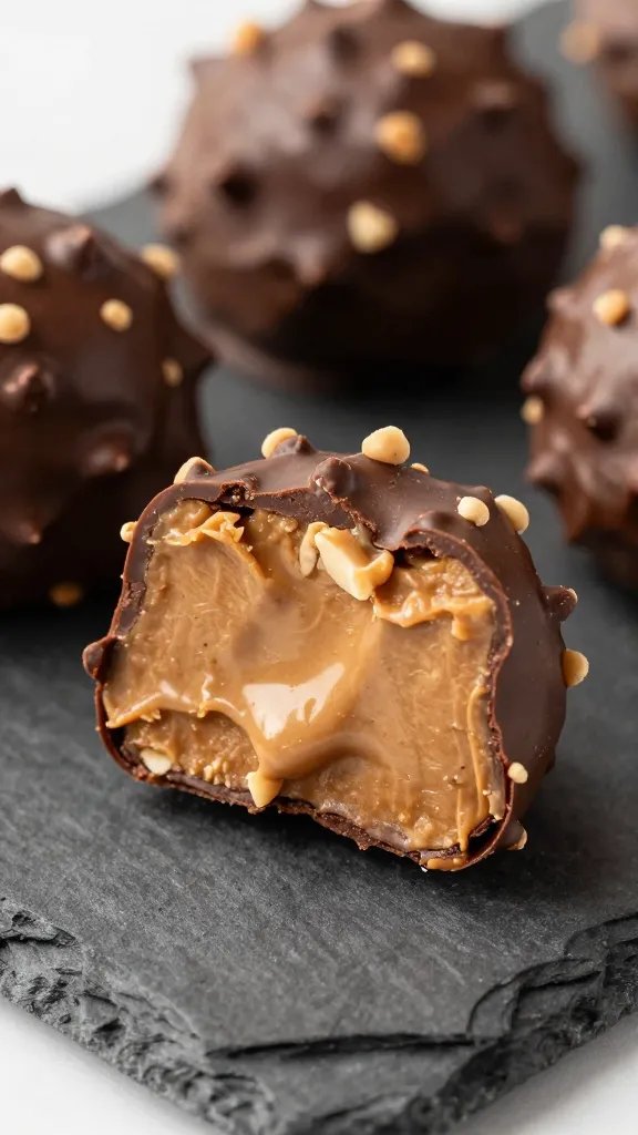 Closeup keto peanut butter chocolate chip fat bomb on slate