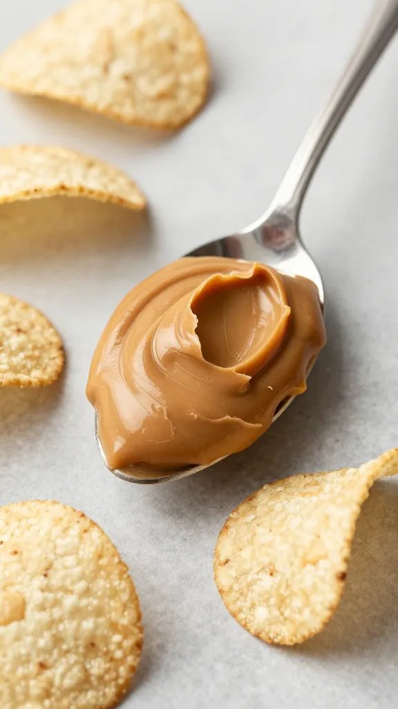 Spoonful of natural peanut butter with sugar-free chips, macro