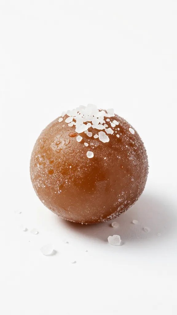 Single frozen fat bomb with sea salt flakes, studio lighting