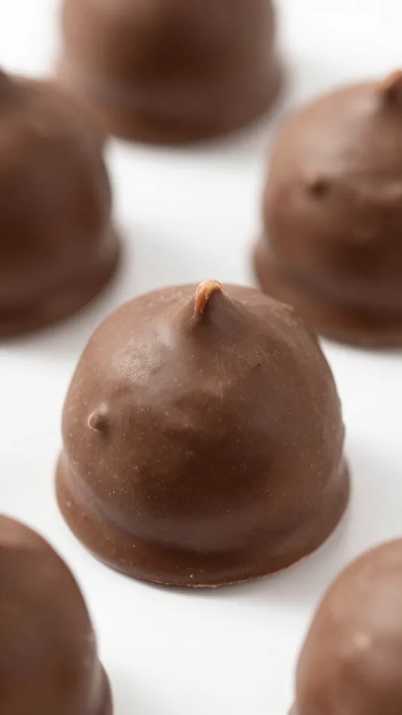 closeup keto peanut butter truffle with glossy chocolate snap