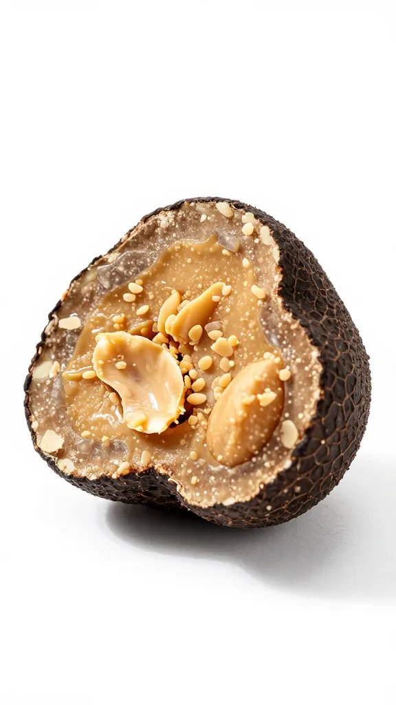 single halved truffle showing crunchy peanut butter center