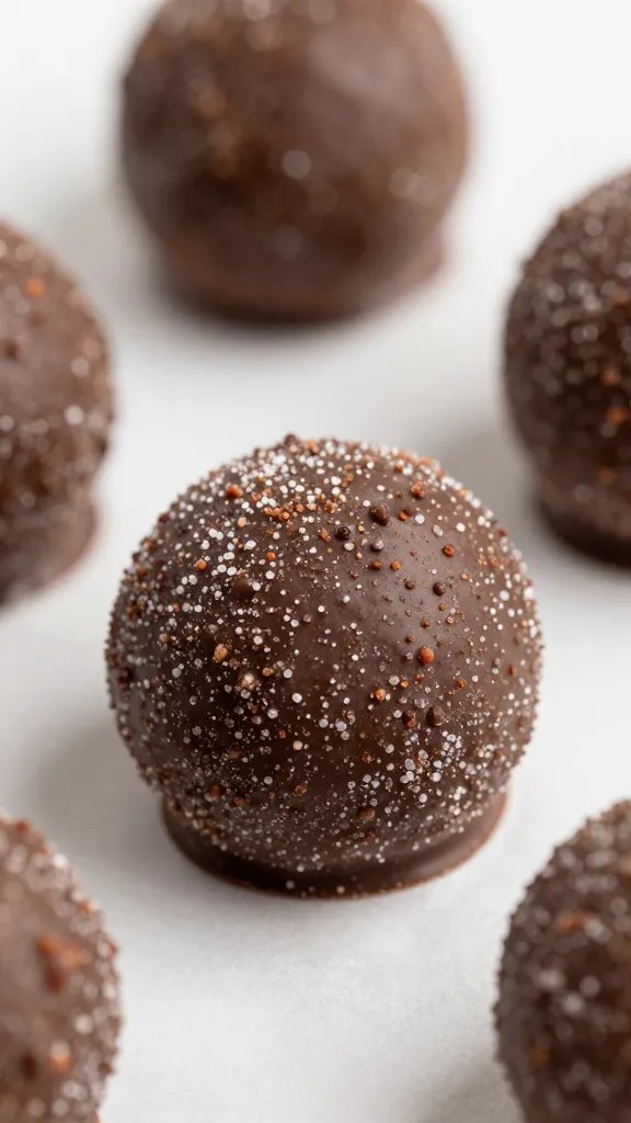 macro shot of sugar-free chocolate-dipped truffle on parchment