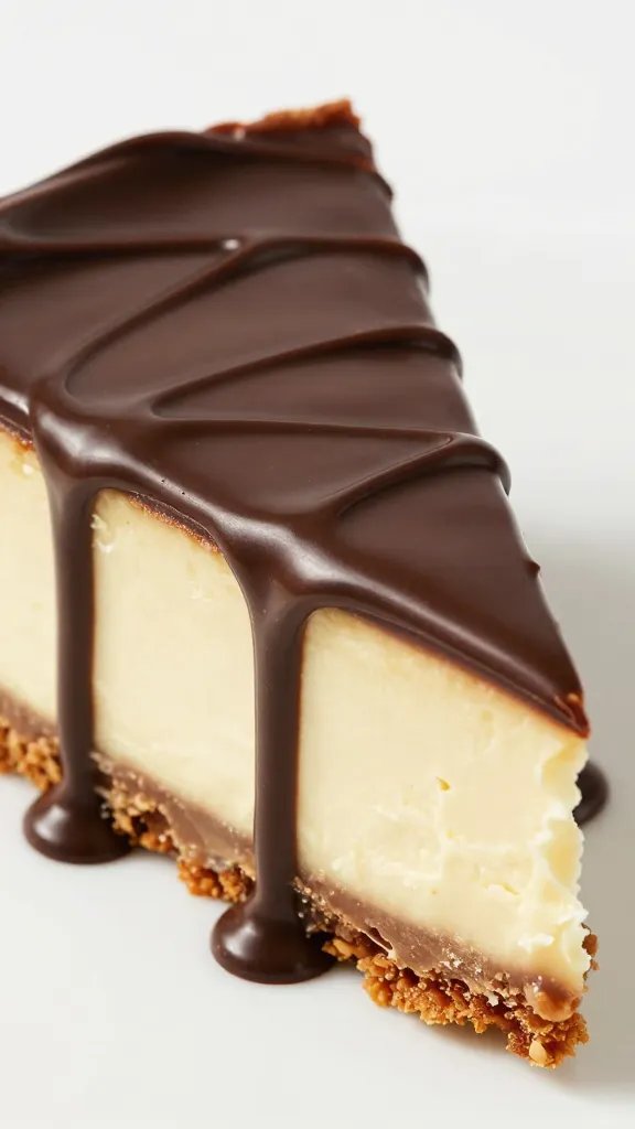 closeup keto peanut butter cheesecake slice with glossy chocolate drizzle