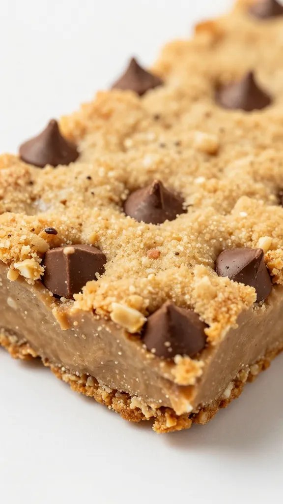 closeup keto peanut butter chocolate chip cookie bar crumb