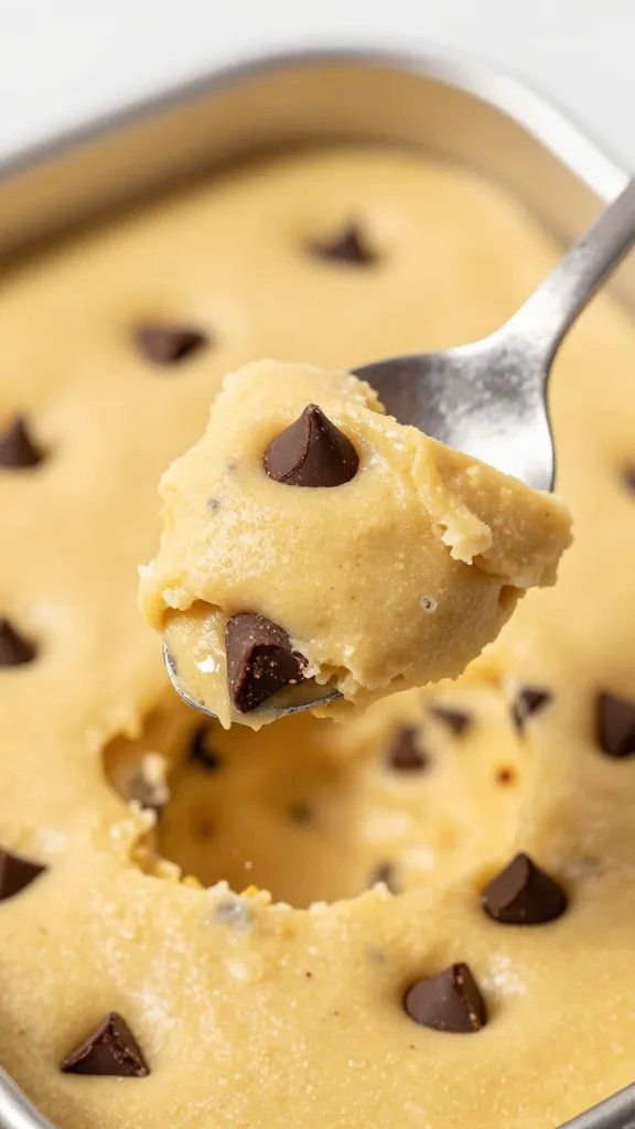 spoon scooping keto cookie bar batter with chocolate chips