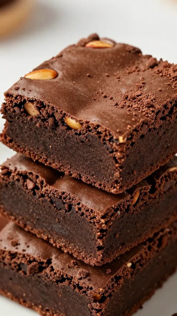 stack of fudgy almond flour brownies, sharp cocoa crumb closeup