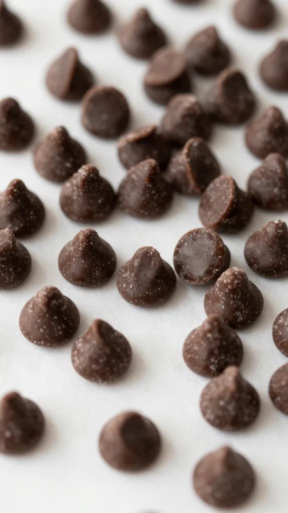 scattered sugar-free chocolate chips on parchment, macro shot