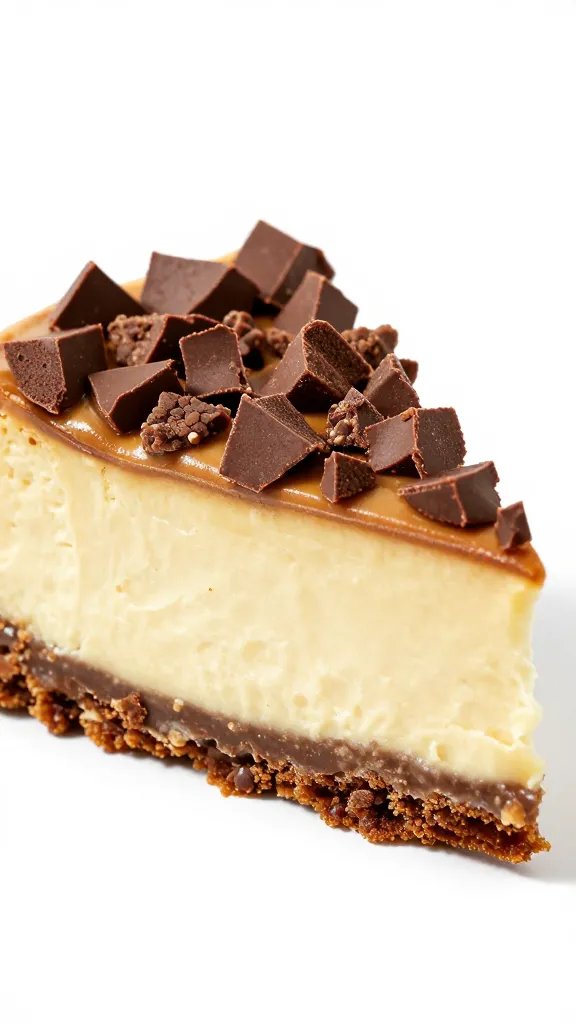 closeup slice of keto peanut butter cheesecake, chocolate crunch shell