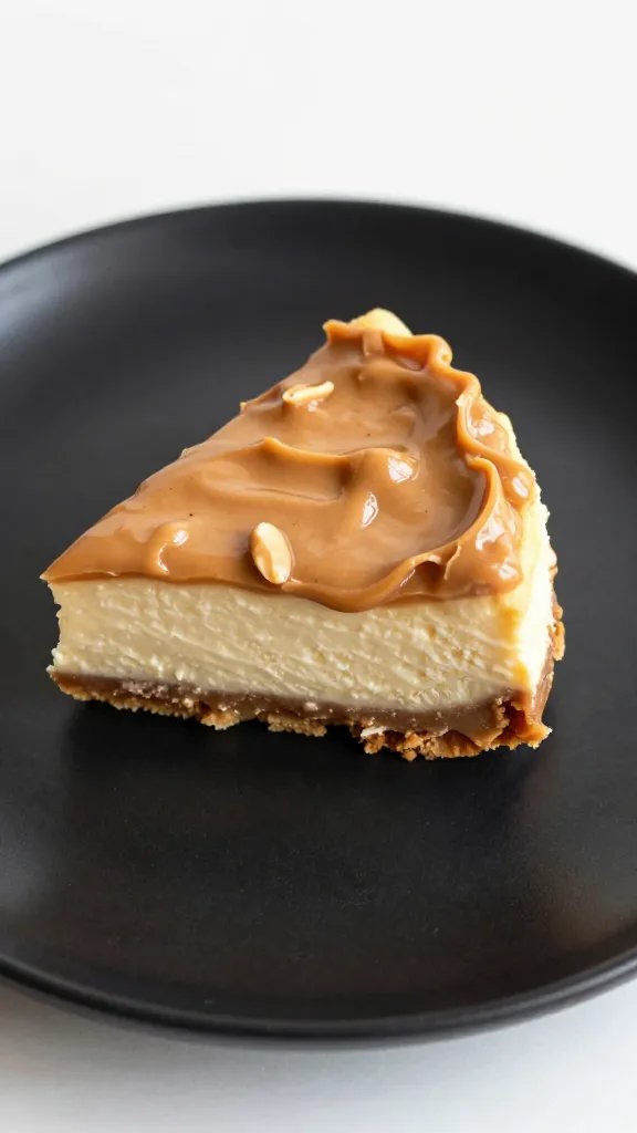 single mini keto peanut butter cheesecake on matte black plate