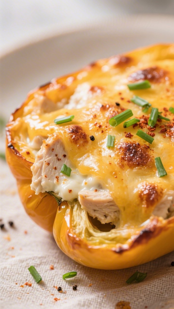 Close-up detail: A baked keto chicken ranch stuffed pepper half just out of the oven, cheese melted 