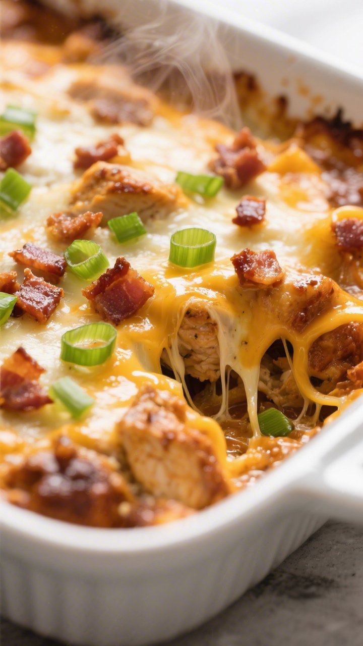 Close-up detail: A bubbling Keto BBQ Chicken Casserole just pulled from the oven, tight macro on the