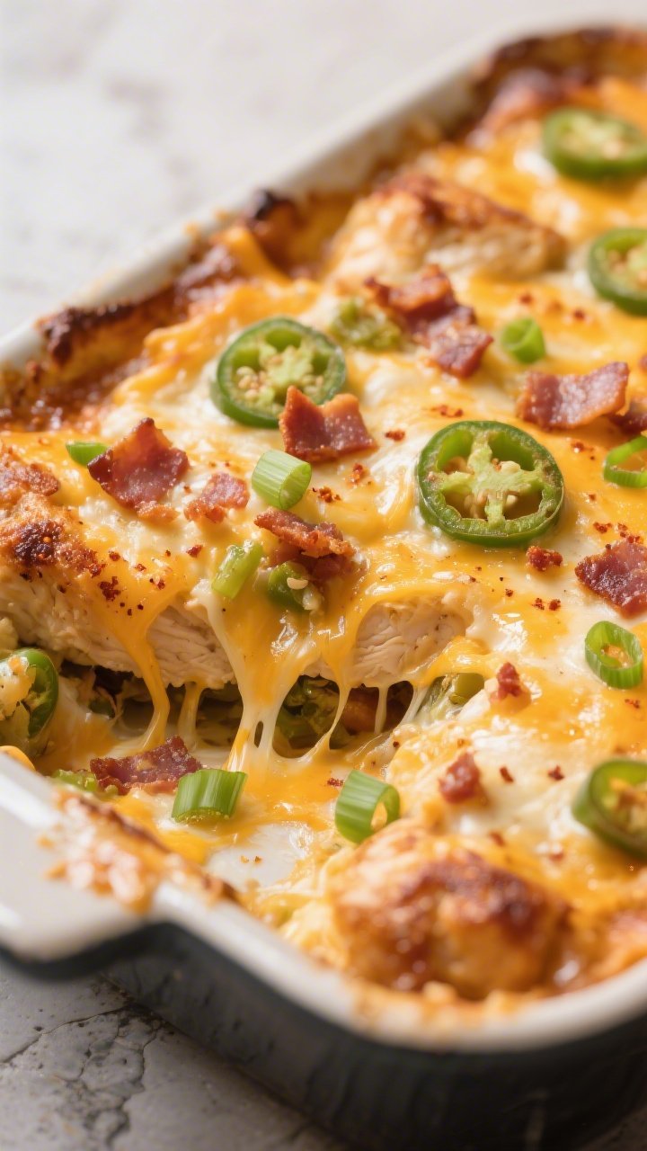 Close-up detail: A bubbling Keto Chicken Jalapeño Popper Casserole just pulled from the oven, showi