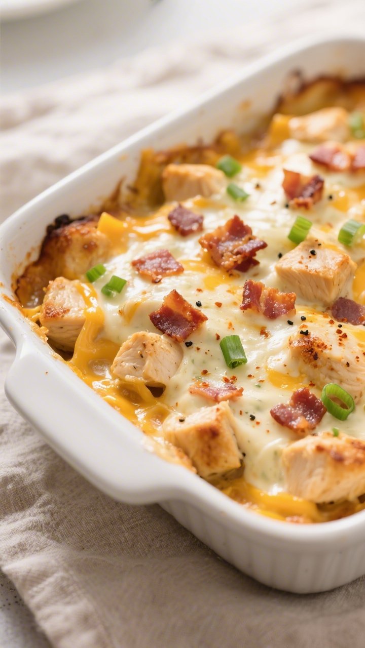Close-up detail: A bubbling Keto Chicken Ranch Bacon Bake fresh from the oven, showing molten golden