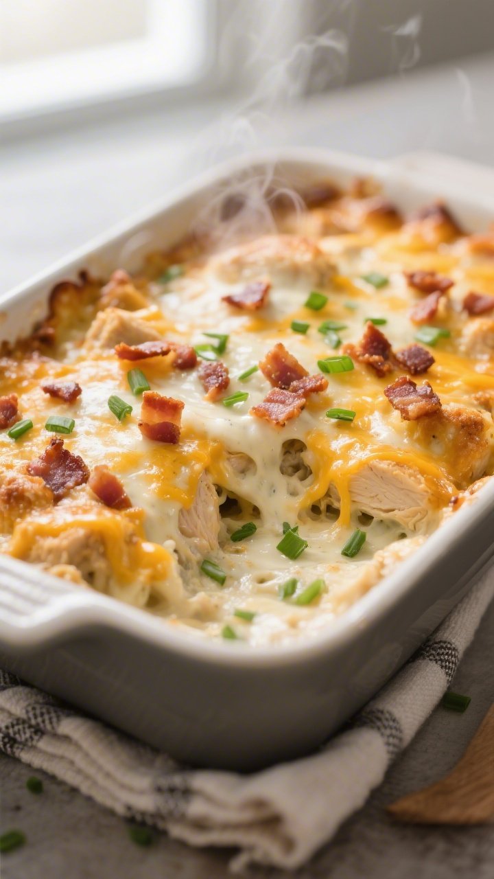 Close-up detail: A bubbling Keto Chicken Ranch Casserole just pulled from the oven, showing golden-b