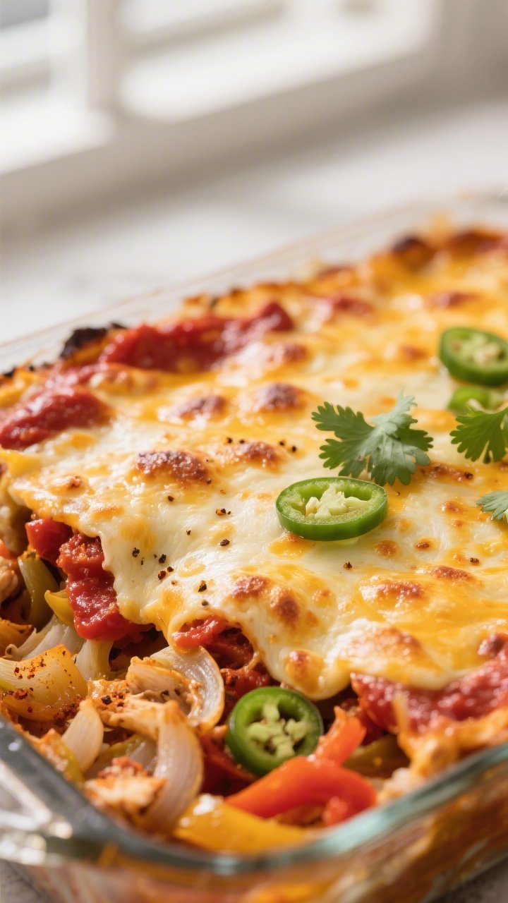 Close-up detail: A bubbling layer of melted Monterey Jack and cheddar on the keto chicken enchilada 