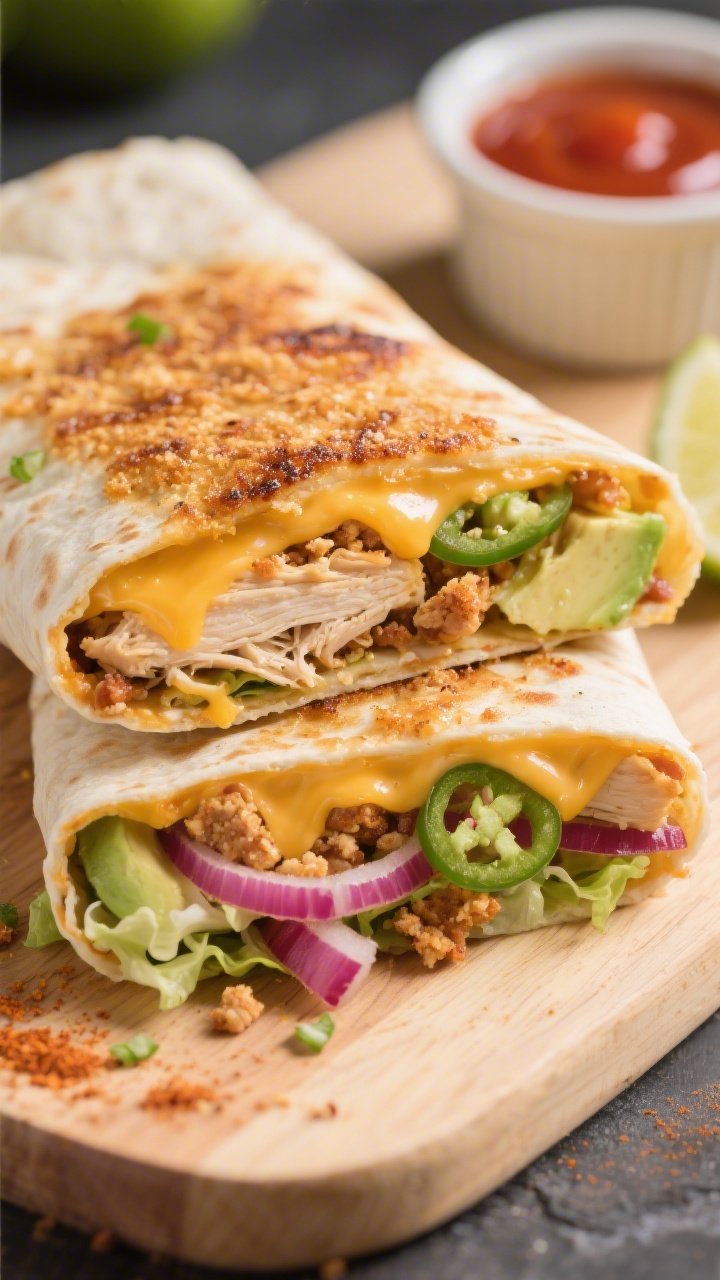 Close-up detail: A freshly pan-seared keto chicken crunch wrap sliced in half, seam-side crust shown