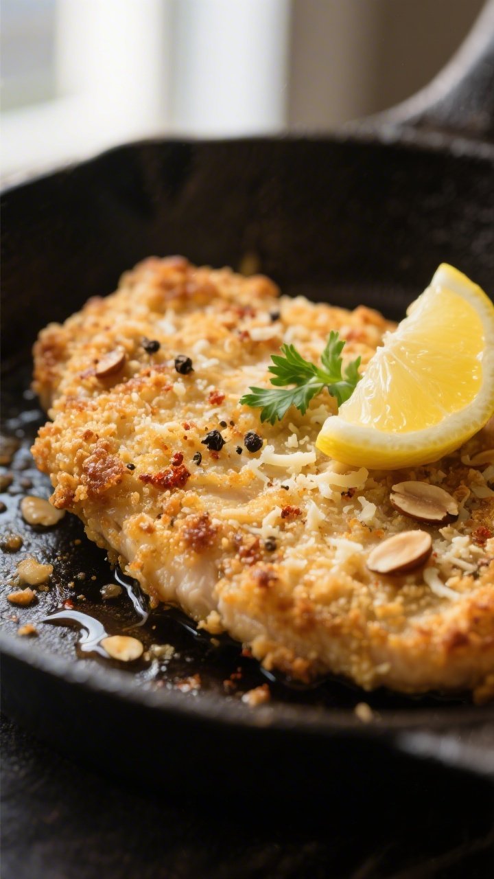 Close-up detail: A golden, crispy Parmesan–almond crusted chicken cutlet just out of the skillet, 