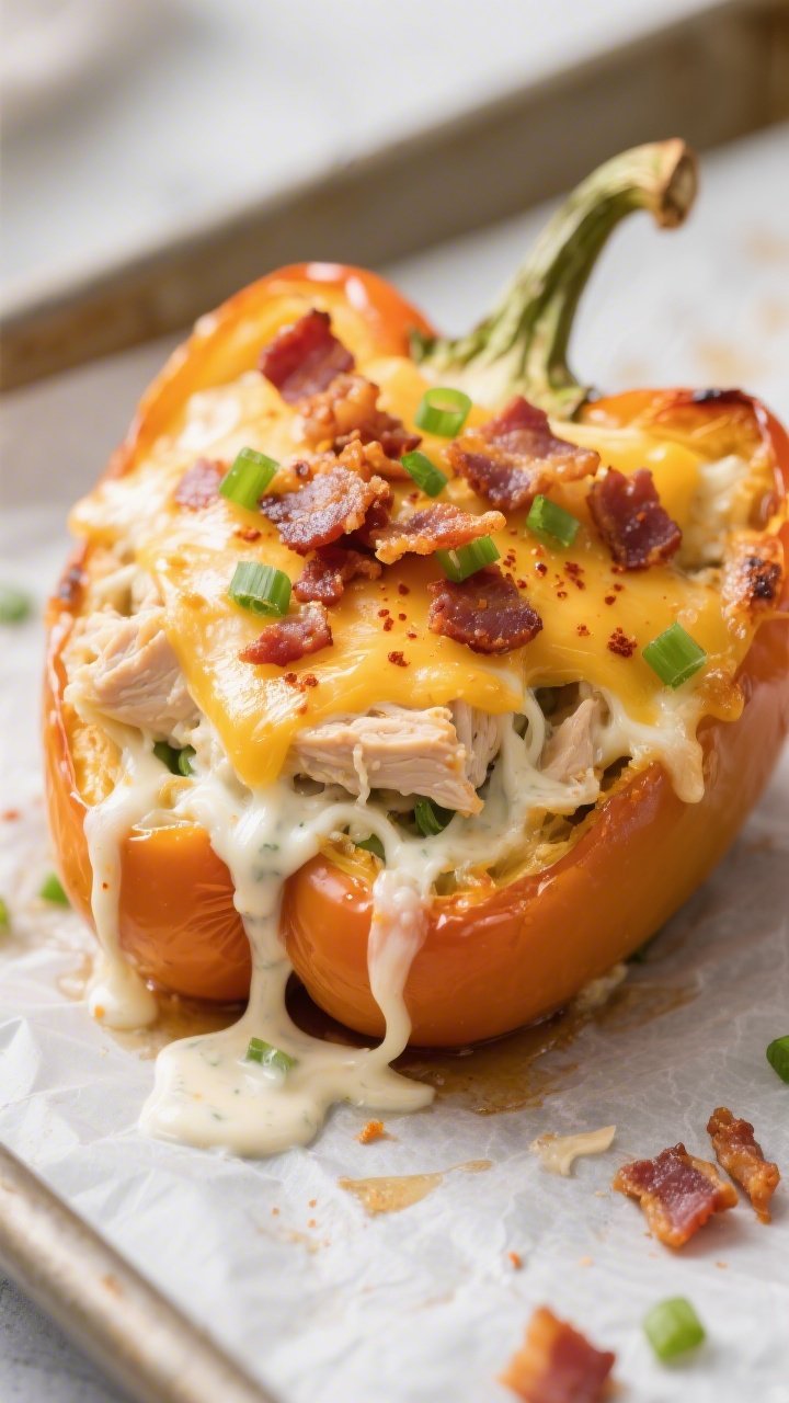 Close-up detail: A just-baked Keto Chicken Bacon Ranch Stuffed Pepper half on a parchment-lined baki