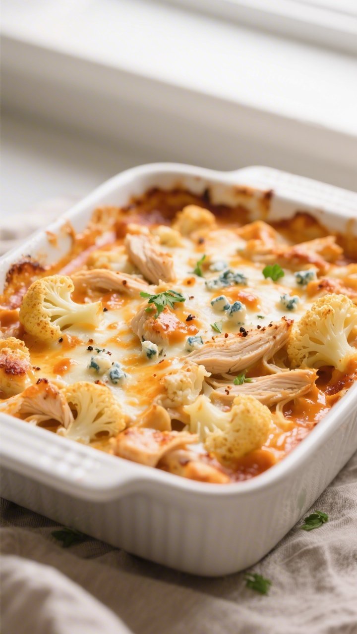 Close-up detail: Bubbling Keto Chicken Buffalo Alfredo Bake just out of the oven, molten mozzarella 
