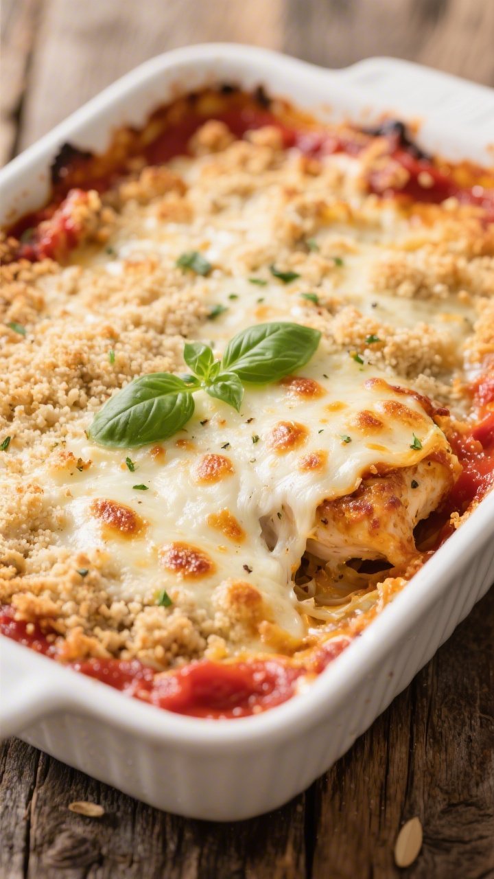 Close-up detail: Bubbling Keto Chicken Parmesan Casserole just out of the oven, showing a deeply gol