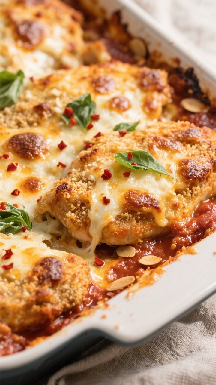 Close-up detail: Bubbly, golden-brown keto Chicken Parmesan Bake just out of the oven, cheese bliste