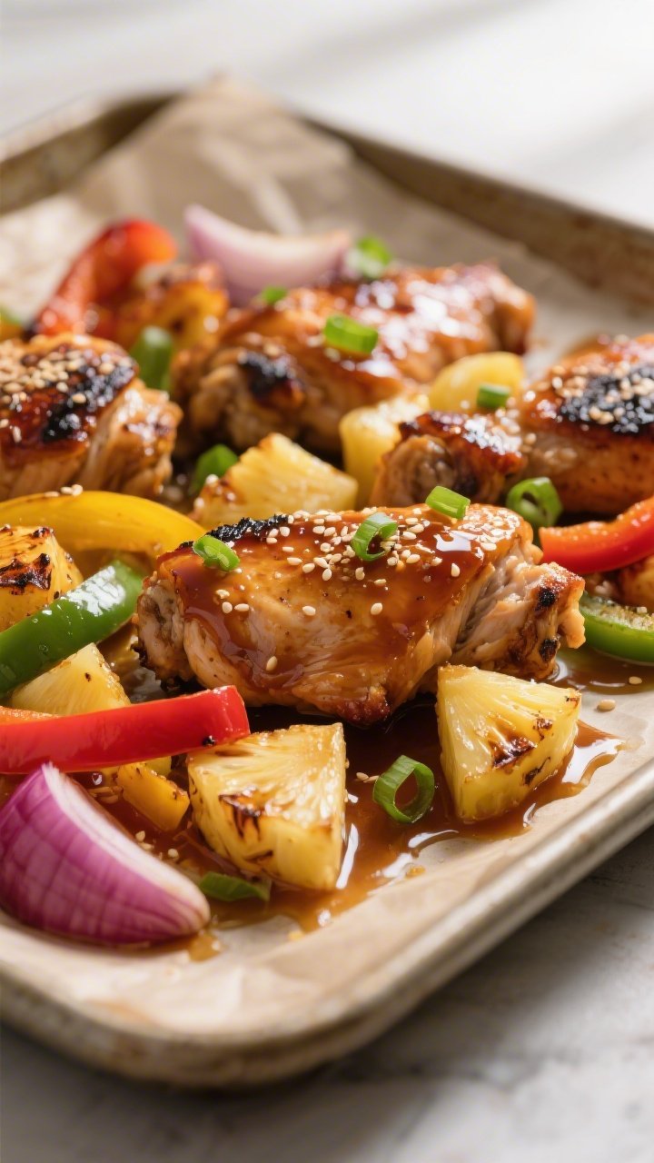 Close-up detail: Caramelized pineapple chunks and glossy chicken thigh pieces just out of the oven o