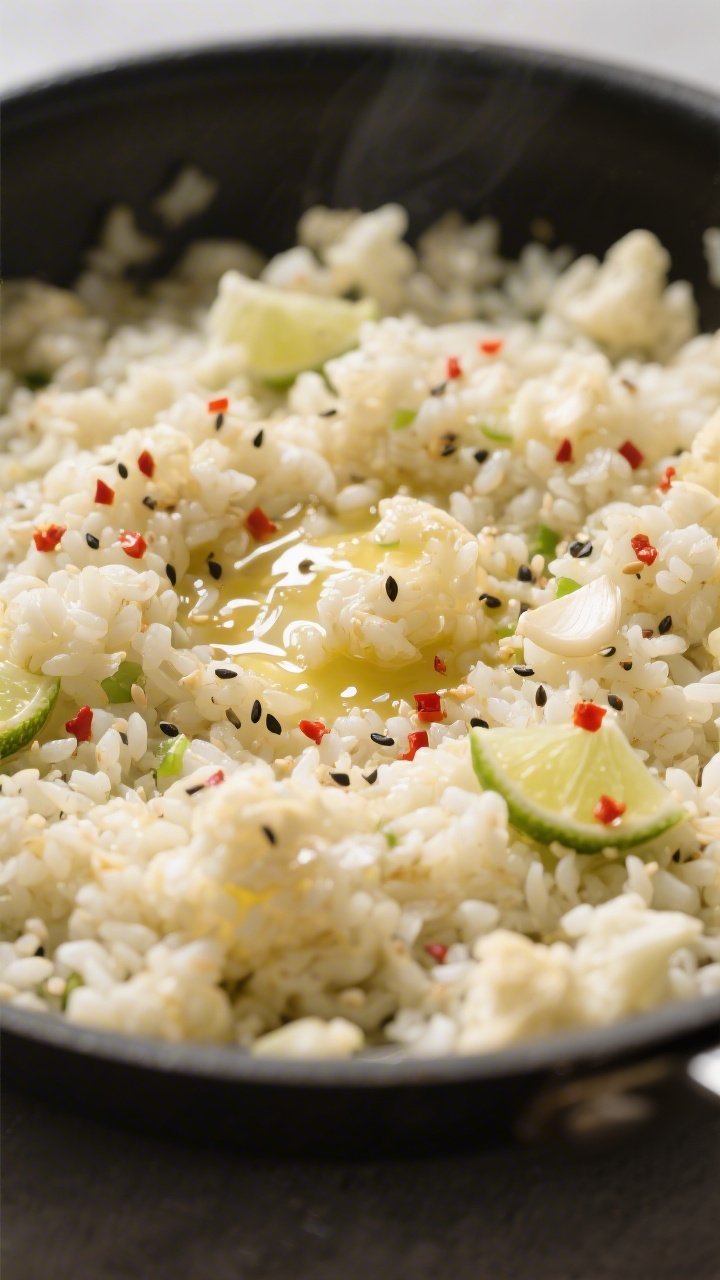 Close-up detail, cauliflower rice finish: Close-up of fluffy cauliflower rice in the skillet just af