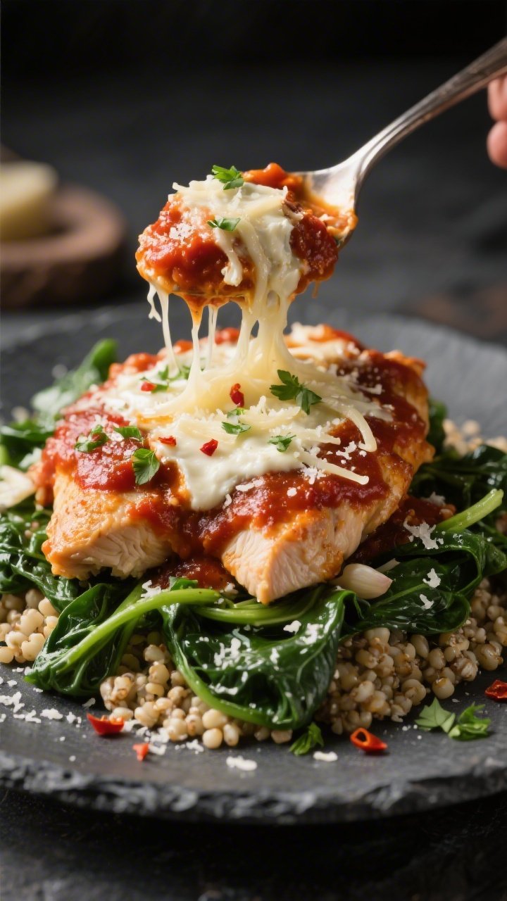 Close-up detail, cozy variation: Intimate close-up of the saucy chicken parm mixture spooned over ga