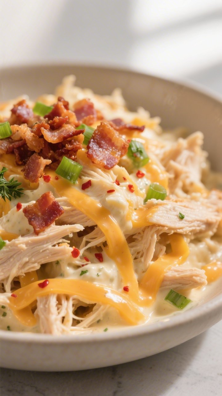 Close-up detail, creamy shred: Ultra-close shot of shredded crack chicken folded into a velvety crea