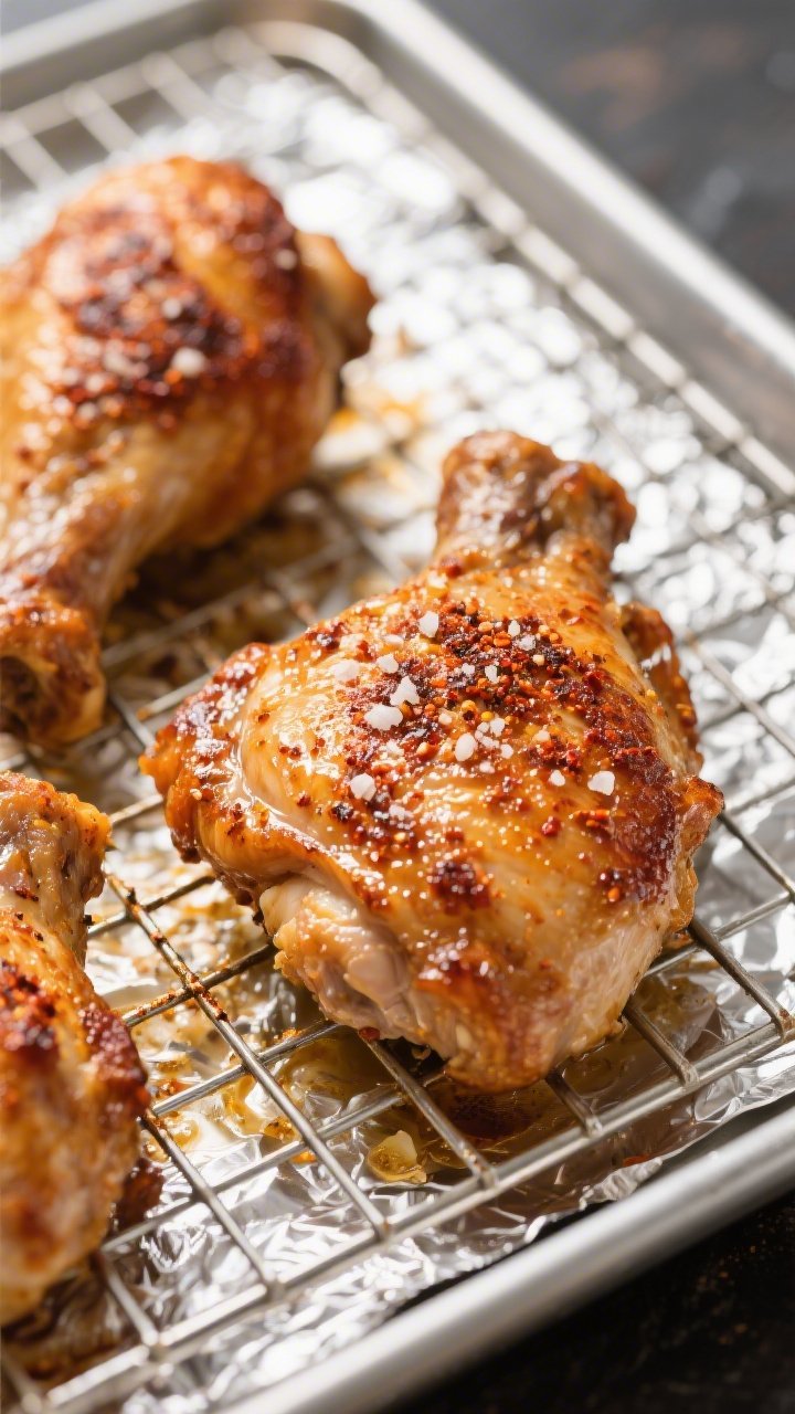 Close-up detail: Crispy keto chicken thighs fresh out of the oven on a wire rack over a foil-lined s