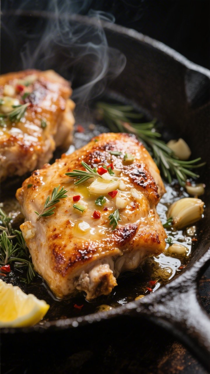 Close-up detail: Crispy-skinned keto chicken garlic butter thighs sizzling in a cast-iron skillet, s