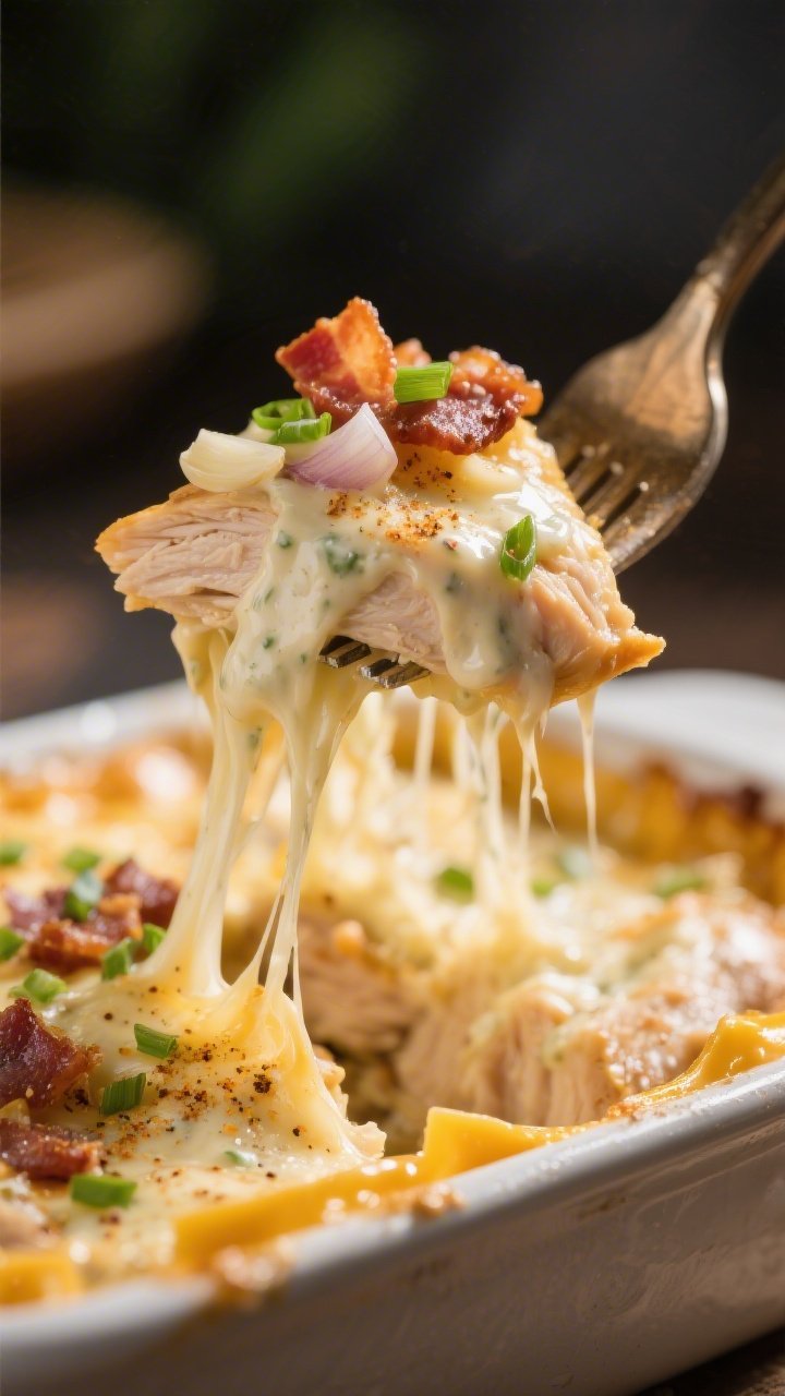 Close-up detail: Extreme close-up of a forkful lifted from the casserole, focusing on strands of jui
