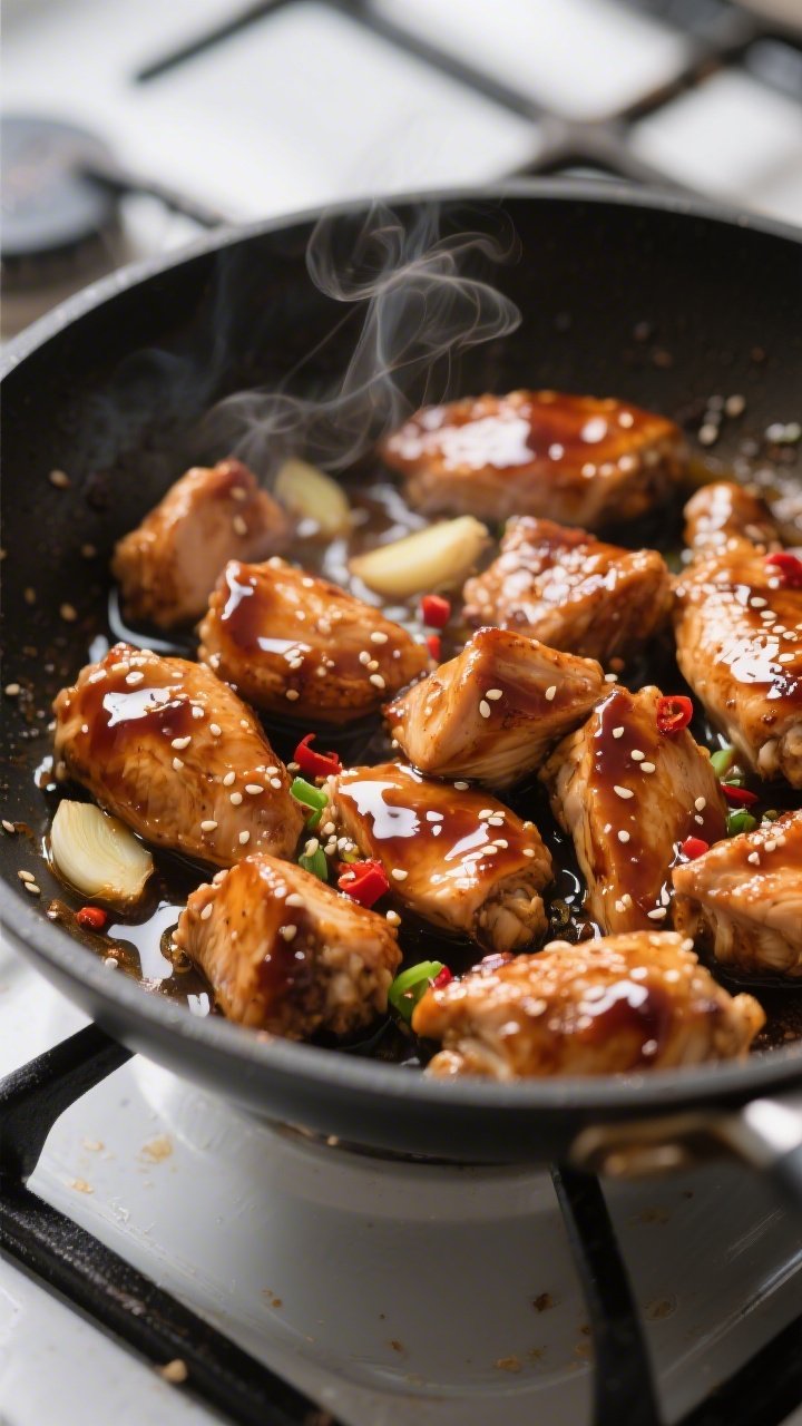 Close-up detail: Glossy keto chicken teriyaki mid-simmer in a stainless skillet, bite-size browned c