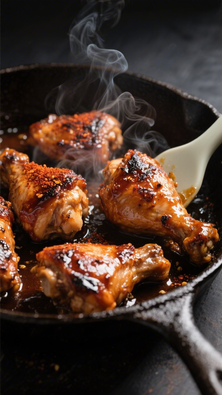 Close-up detail: Glossy sugar-free BBQ chicken thigh pieces sizzling in a cast-iron skillet, sauce r