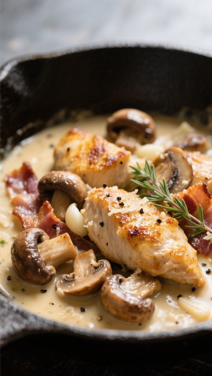 Close-up detail: Golden-browned chicken bites and crisp bacon nestled among caramelized baby bella m