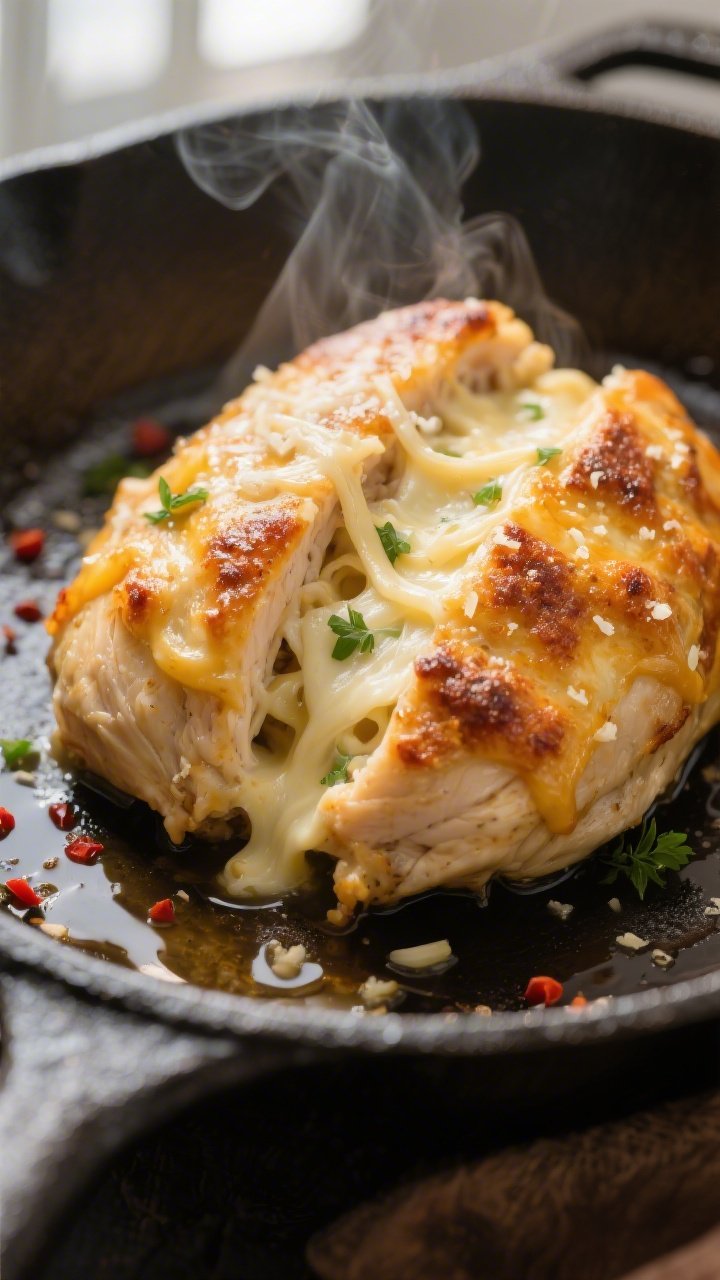 Close-up detail: Golden-browned Keto Chicken Alfredo Stuffed Chicken just out of the oven, cheese to
