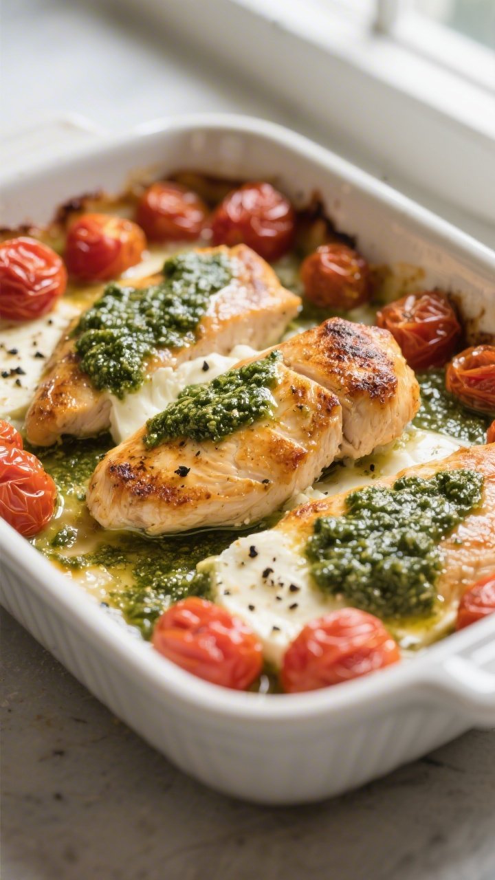 Close-up detail: Golden-browned seared chicken breasts nestled in a casserole, coated generously wit