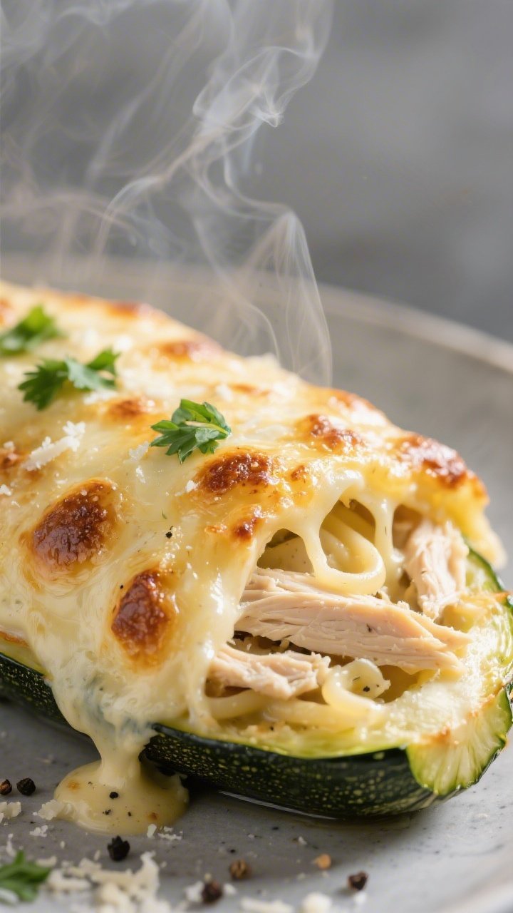 Close-up detail: Golden, bubbly Keto Chicken Alfredo Stuffed Zucchini fresh from the oven, showing m