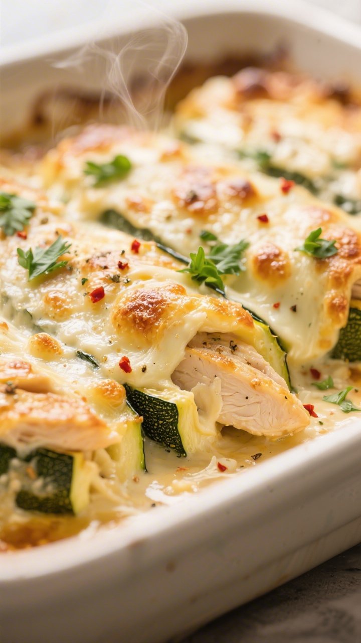 Close-up detail: Golden-bubbly Keto Chicken Alfredo Stuffed Zucchini just out of the oven, mozzarell