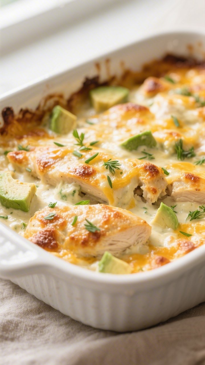Close-up detail: Golden, bubbly Keto Chicken Avocado Ranch Bake just out of the oven, cheese layer m